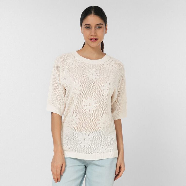 H&H Women's Amber Rixon Short Sleeve Crochet Flower Knit, Cream, hi-res
