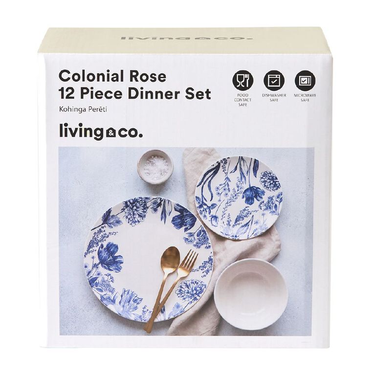 Living & Co Colonial Rose 12 Piece Dinner Set White/Blue, , hi-res