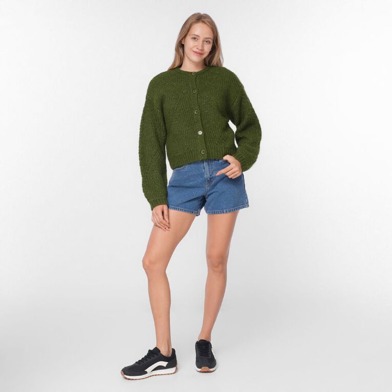 H&H Women's Fluffy Pointelle Knit Cardigan, Green Mid, hi-res
