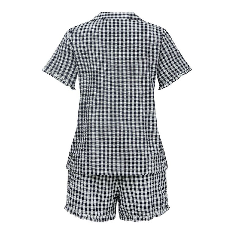 H&H Women's Seersucker Button Up Short Sleeve Pyjama Set, Blue Dark, hi-res