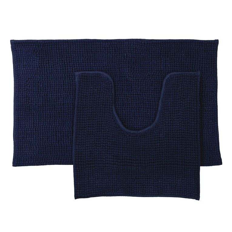 Living & Co Bath Mat Set Popcorn 2 Piece 45cm x 75cm Navy The Warehouse