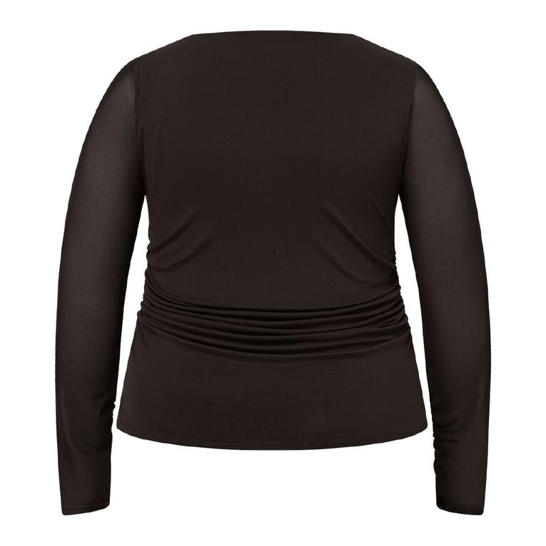 H&H Curve Women's Long Sleeve Ruched Mesh Knit Top, Brown Dark, hi-res