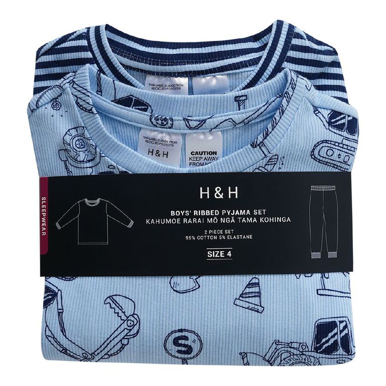 H&H Boy's Ribbed Long Sleeve Pyjamas 2 Pack, Blue Light, hi-res