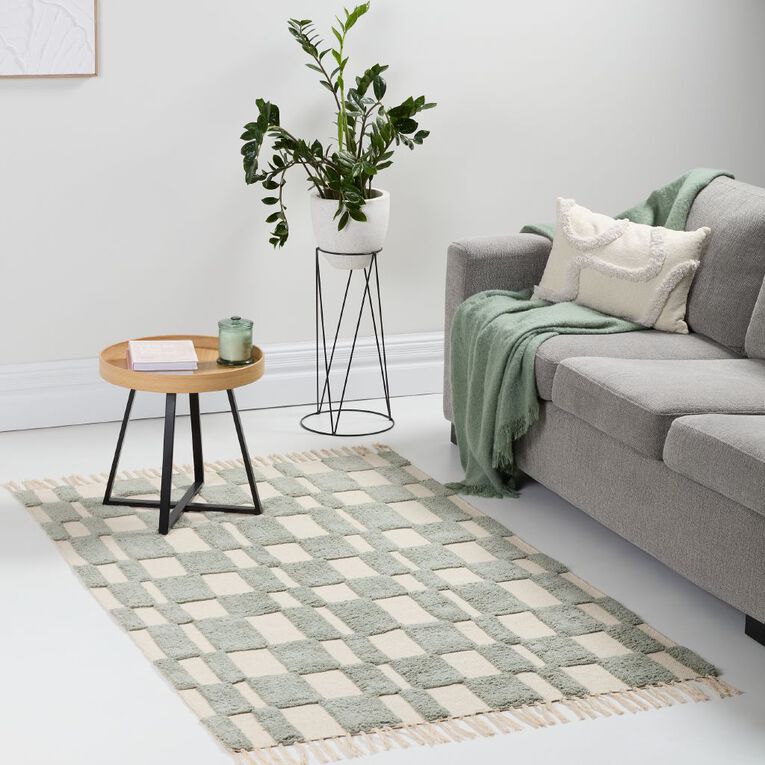 Living & Co Cotton Tufted Rug Natural Check Sage 120cm x 180cm, , hi-res