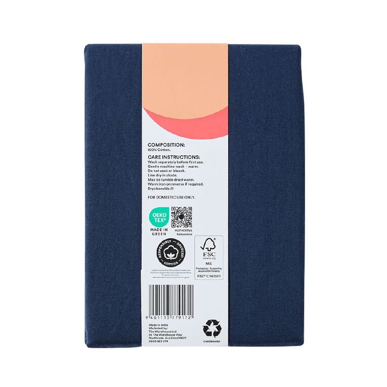 Living & Co 100% Washed Cotton 2 Pack Pillowcase Navy 48cm x 73cm, , hi-res