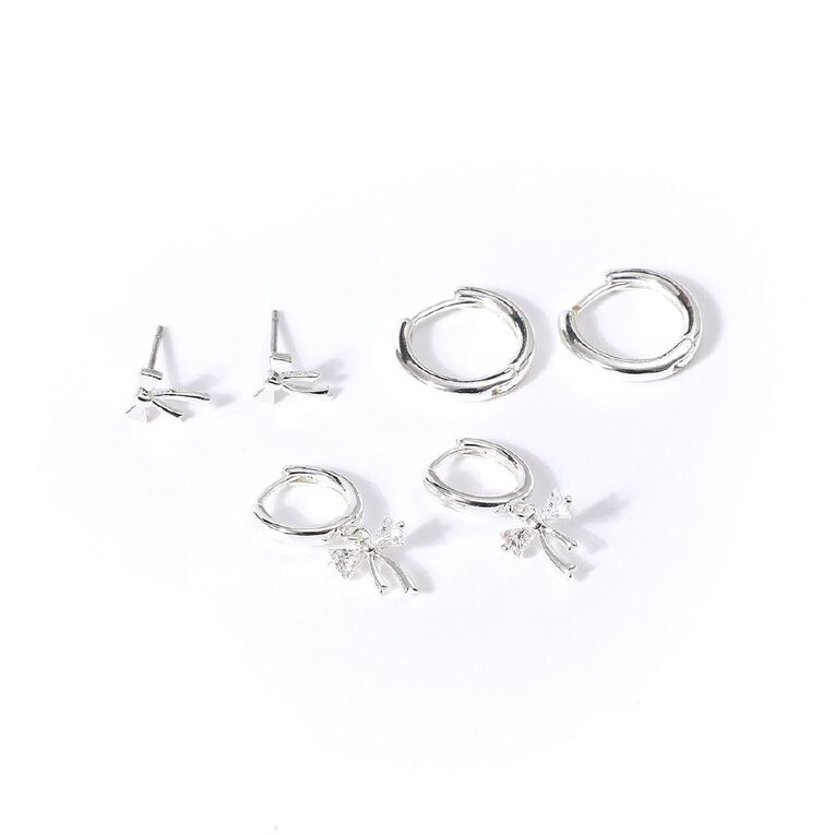 Silver Plated Bow CZ Earrings 3 Pairs, , hi-res