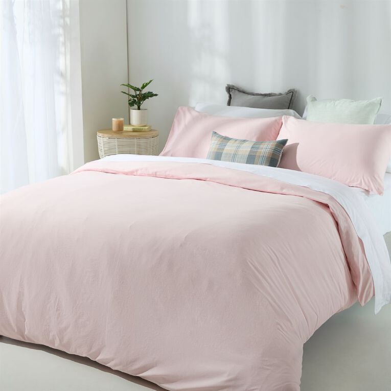 Living & Co Duvet Cover Set Washed Cotton Pink Single, Pink, hi-res