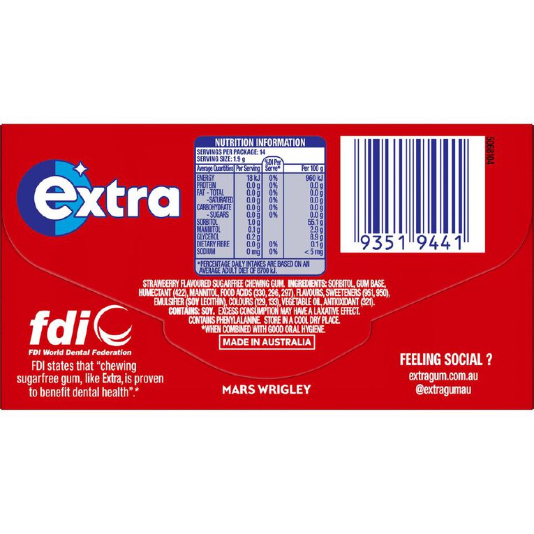 Extra Strawberry Chewing Gum Sugar Free 14 Piece 27g, , hi-res
