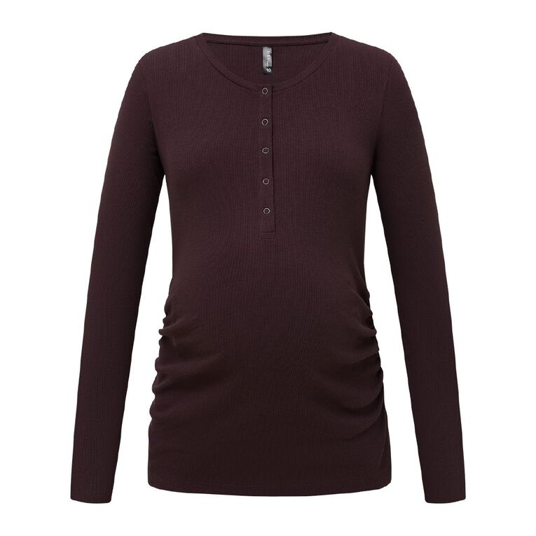 H&H Maternity Long Sleeve Henley Top, Brown Dark, hi-res