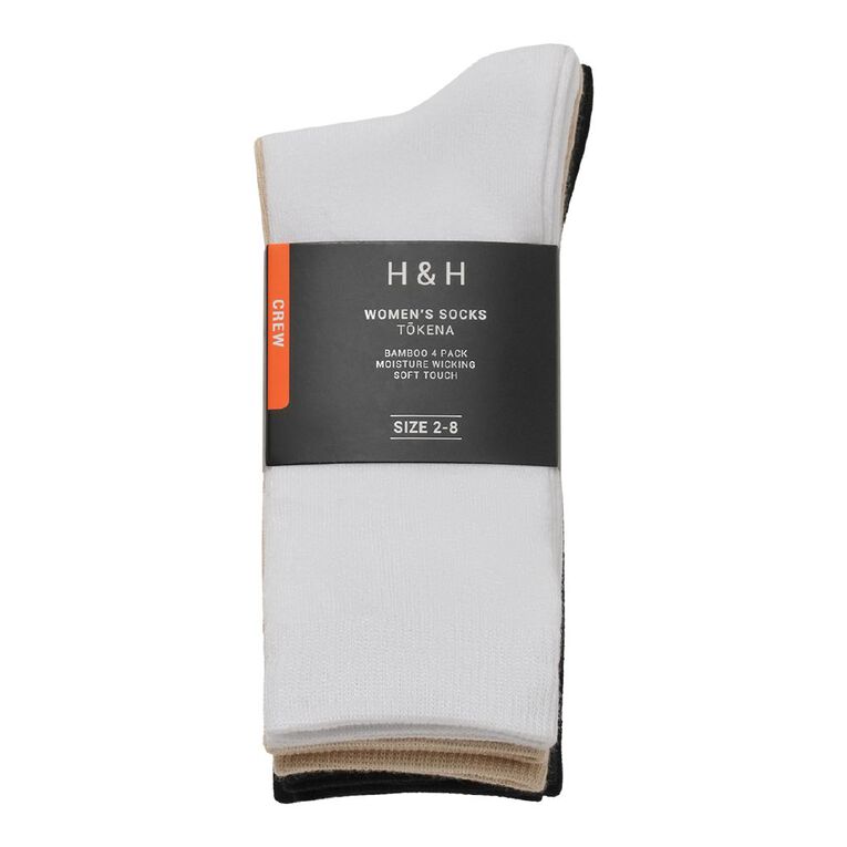 H&H Women's Crew Bamboo Socks 4 Pack, Multi-Coloured, hi-res