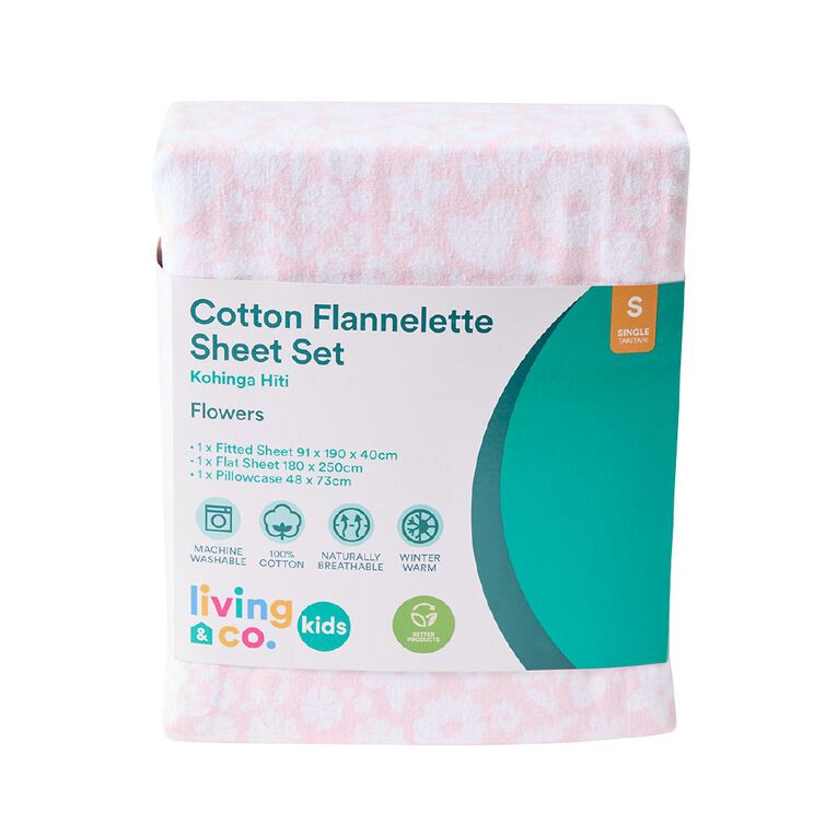 Living & Co Kids Cotton Flannelette Sheet Set Flower Pink Single, , hi-res