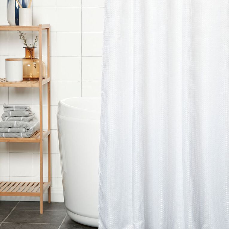 Living & Co Shower Curtain Woven Waffle White 180cm x 180cm, White, hi-res