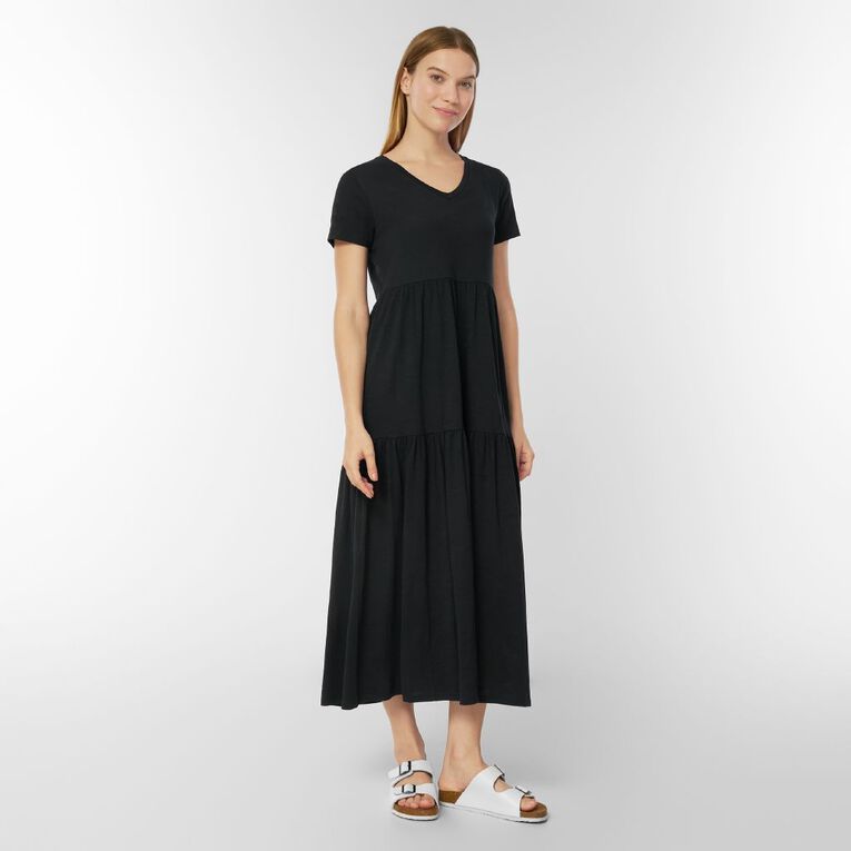 H&H Women's Cotton Slub Tier Midi Dress, Black, hi-res