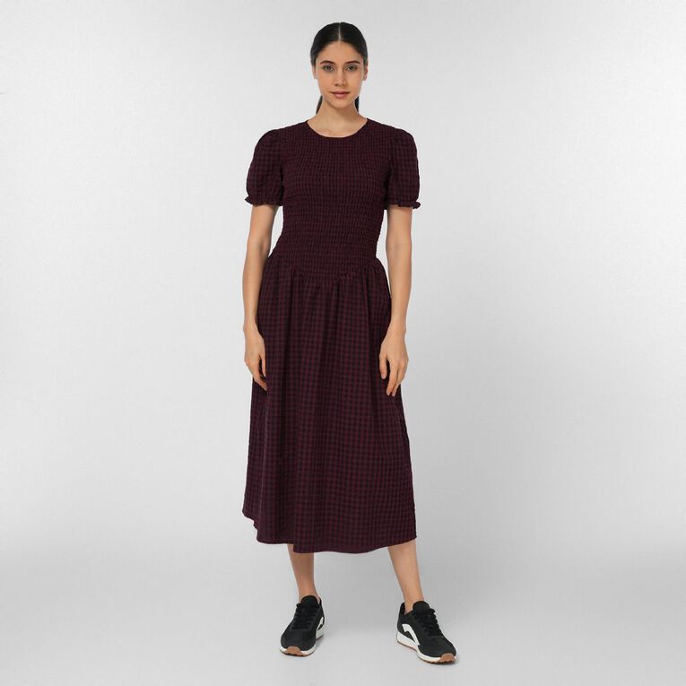 H&H Women's Short Sleeve Shirred Bodice Dress Midi, Red Dark, hi-res