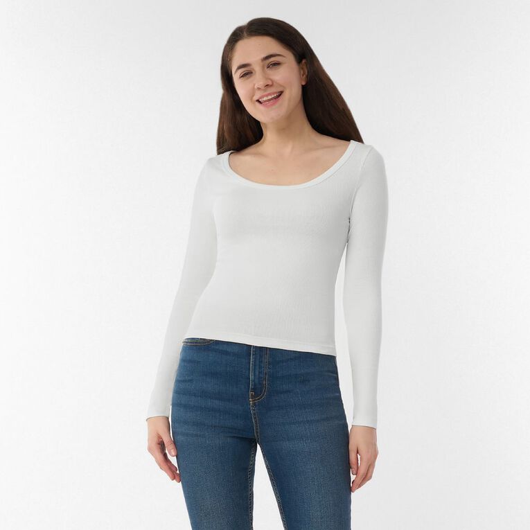 H&H Women's Long Sleeve Scoop Neck Rib Top, Cream, hi-res