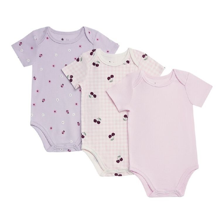 Young Original Babies' Short Sleeve Printed Bodysuit 3 Pack, Pink Light, hi-res