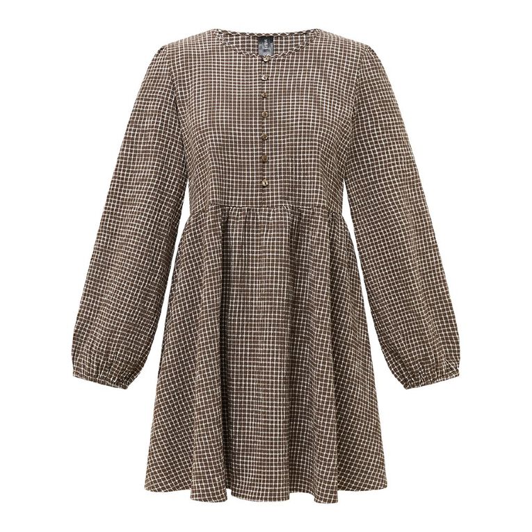 H&H Women's Long Sleeve Check Mini Dress Brown Mid | The Warehouse H&H Women's Long Sleeve Check Mini Dress Brown Mid | The Warehouse