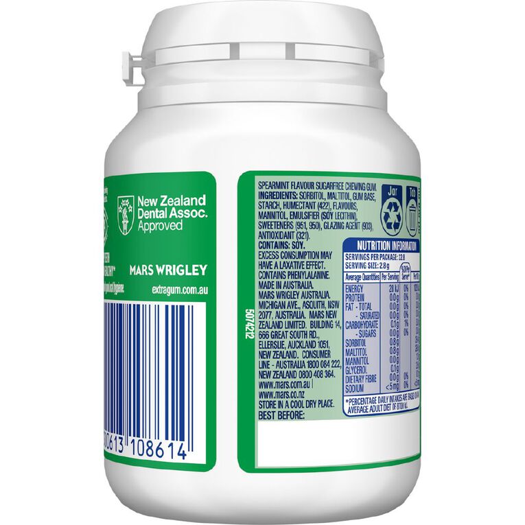 Extra Spearmint Chewing Gum Sugar Free Bottle 46 Piece 64g, , hi-res