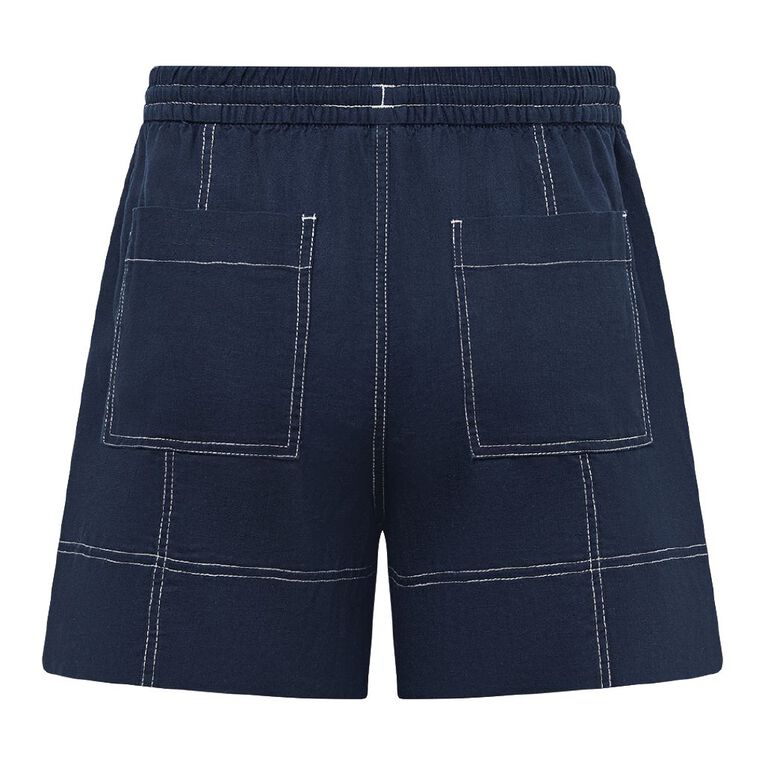 H&H Women's Linen Blend Contrast Stitch Shorts, Navy, hi-res