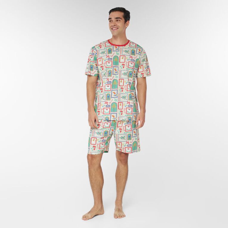 H&H Men's Family Christmas Tee and Shorts Pyjama Set, Cream, hi-res