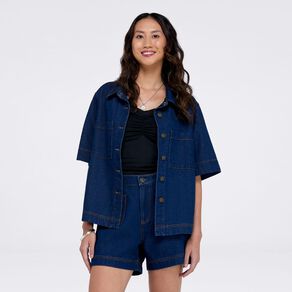H&H Women's Denim Short Sleeve Patch Pocket Shacket