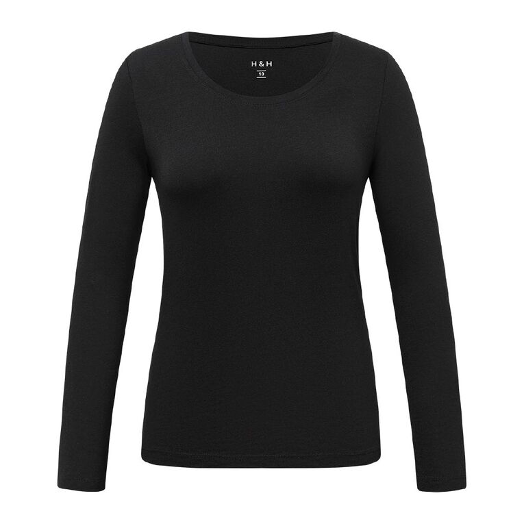 H&H Essentials Women's Stretch Long Sleeve Scoop Neck Tee, Black, hi-res