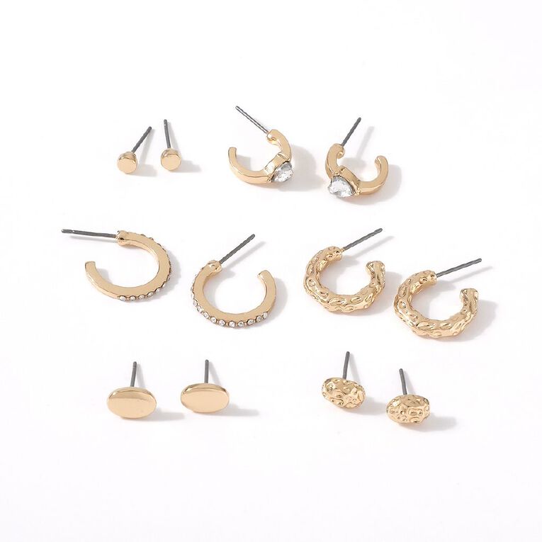 H&H Heart Huggie Hammered Hoop Gold Earrings 6 Pairs, , hi-res