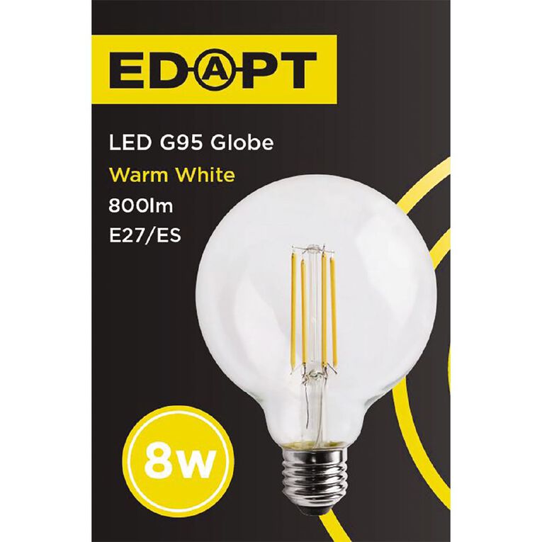 Edapt LED E27 Filament Round Light Bulb G95 8W Warm White, , hi-res