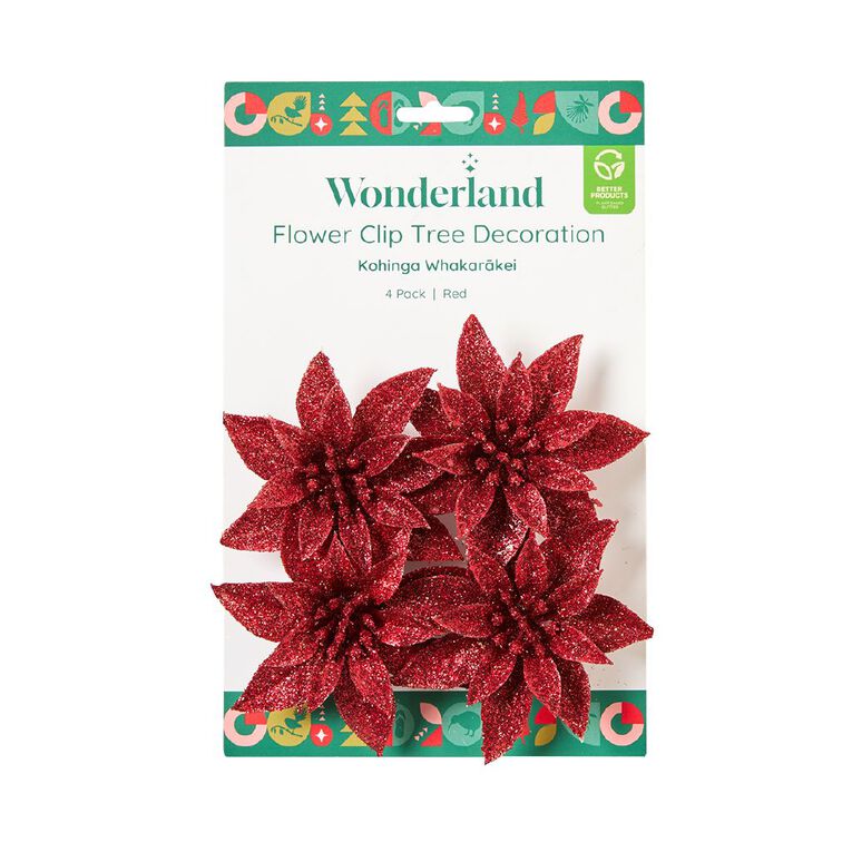 Wonderland Flower Clip Christmas Decoration Red 4 Pack, , hi-res