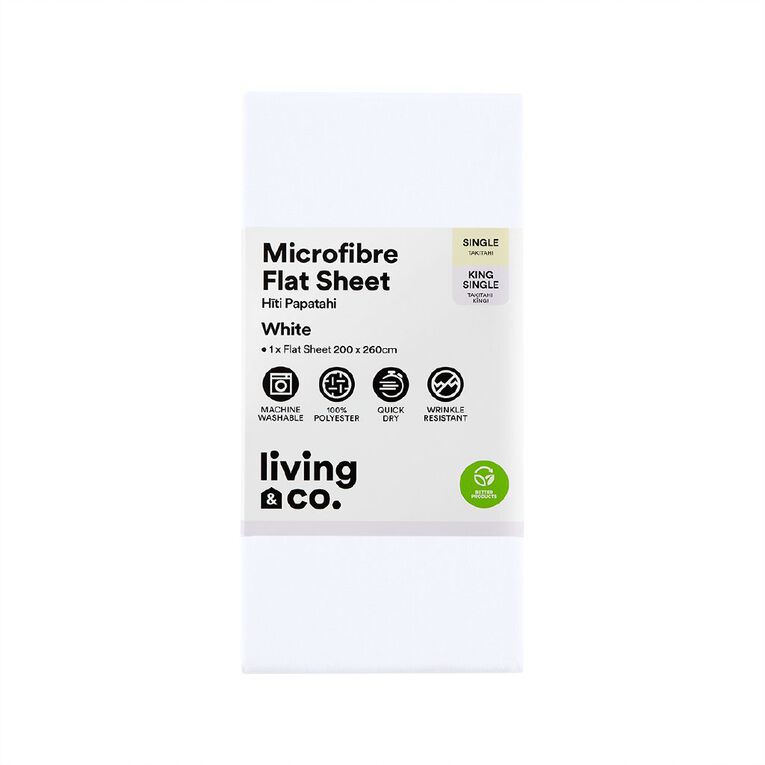 Living & Co Flat Microfibre Sheet Single/ King Single White One Size, , hi-res