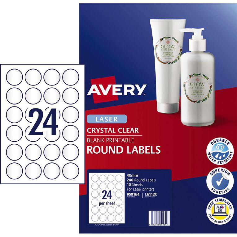 Avery Crystal Clear Round Multi-purpose Labels 40mm diameter 240 labels, , hi-res