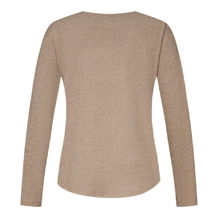 H&H Women's Brushed Fleece Drop Shoulder Top, Brown Mid, hi-res