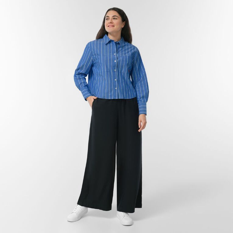 H&H Women's Long Sleeve Boxy Crop Shirt, Blue/White, hi-res
