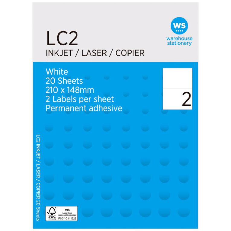 WS Labels 100 Sheets A4  2 x 210 x 147mm, , hi-res