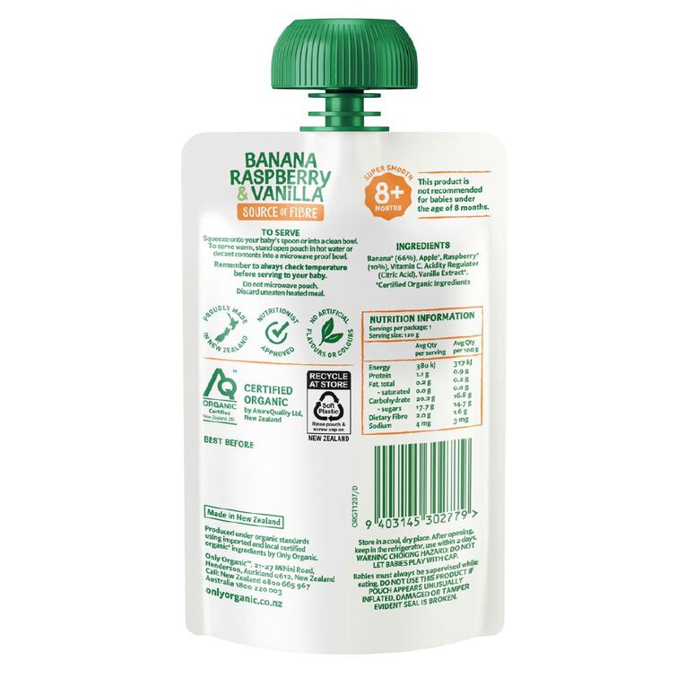 Only Organic Banana Raspberry & Vanilla 8+ Months, , hi-res