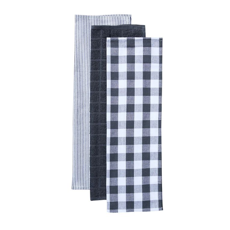Living & Co Multi Pack Tea Towels Charcoal 3 Pack, , hi-res