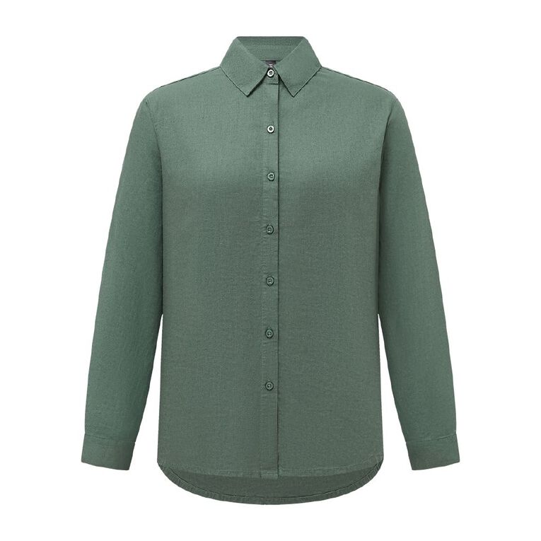 H&H Women's Long Sleeve Essential Linen Blend Shirt, Green Dark, hi-res