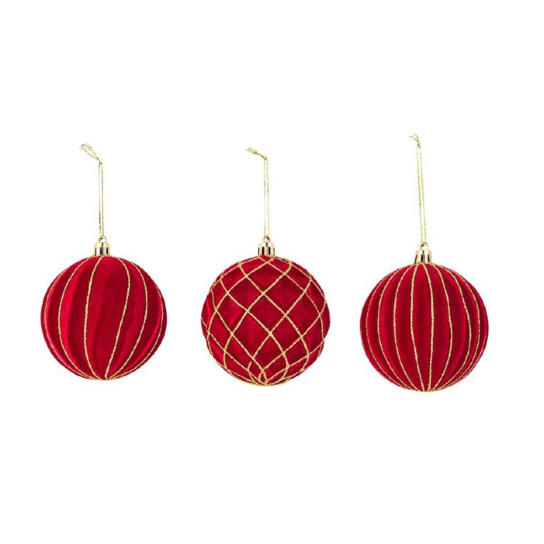 Wonderland Joyful Tidings Flocked Christmas Baubles 8cm Assorted 3 Pack, , hi-res