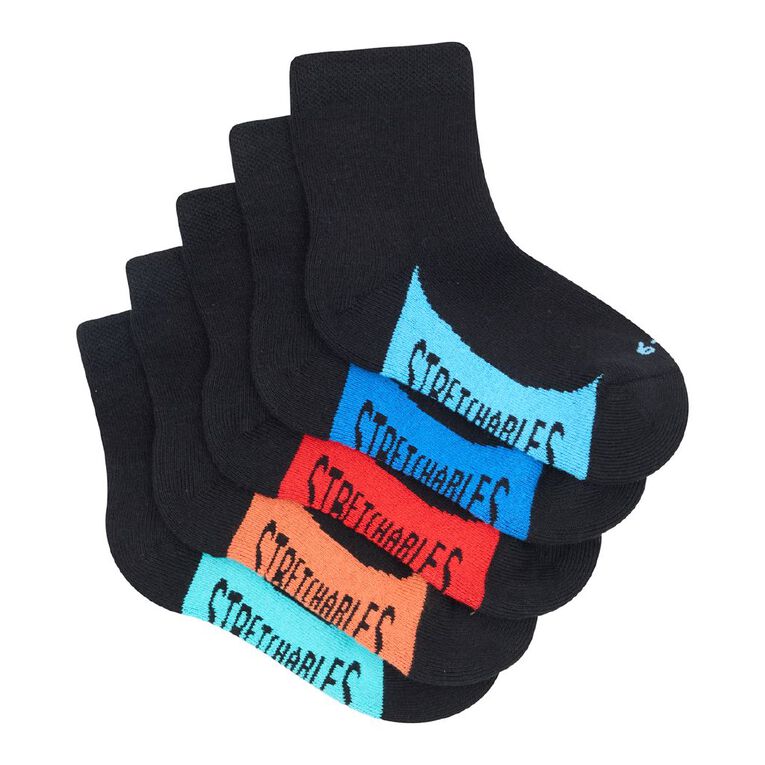 Rio Boys' Stretchables Quarter Crew Socks 5 Pack, Black, hi-res