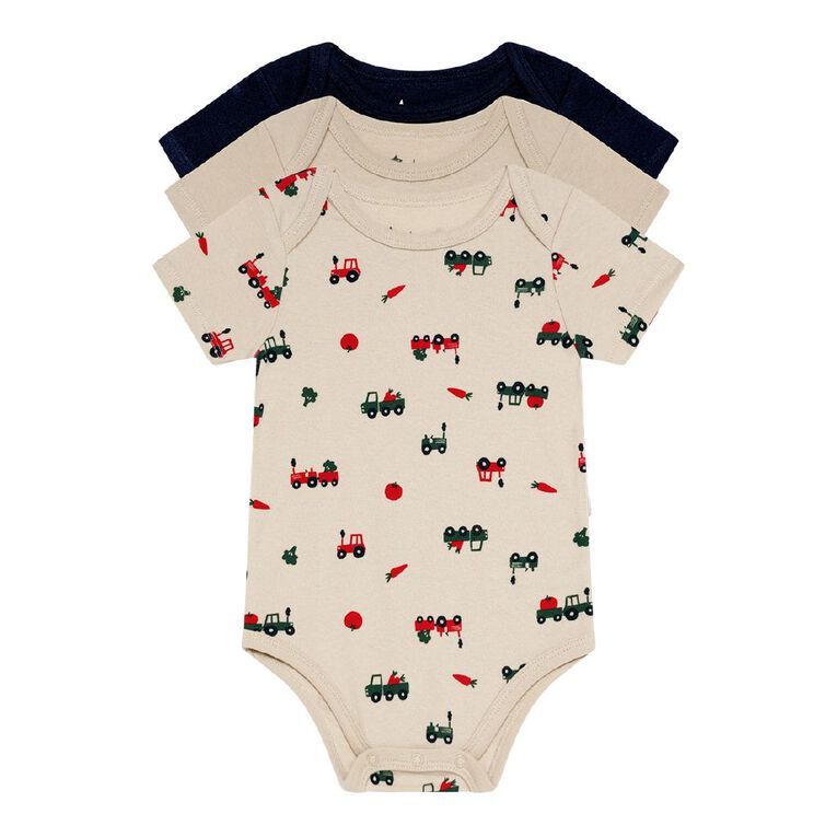 Young Original Babies' Short Sleeve Printed Bodysuit 3 Pack, Brown Light, hi-res