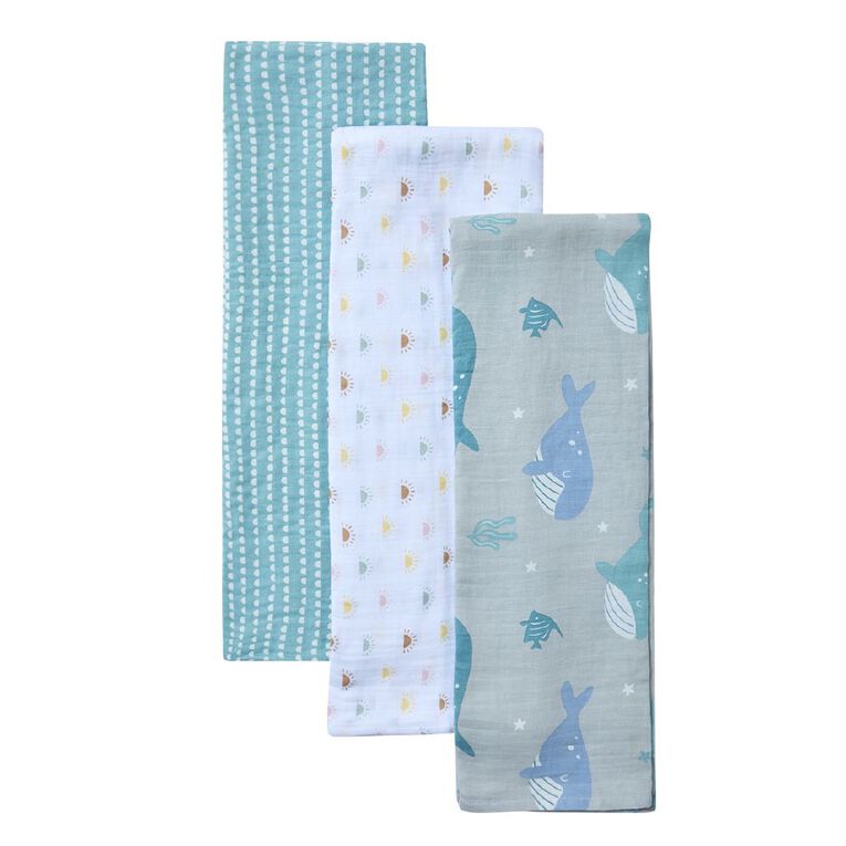 Babywise Muslin Wrap 3 Pack Whale, , hi-res