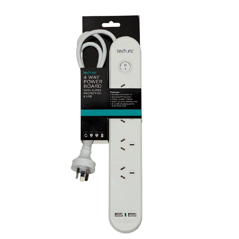 Tech.Inc 4 Way Powerboard with Surge Protection & USB, , hi-res