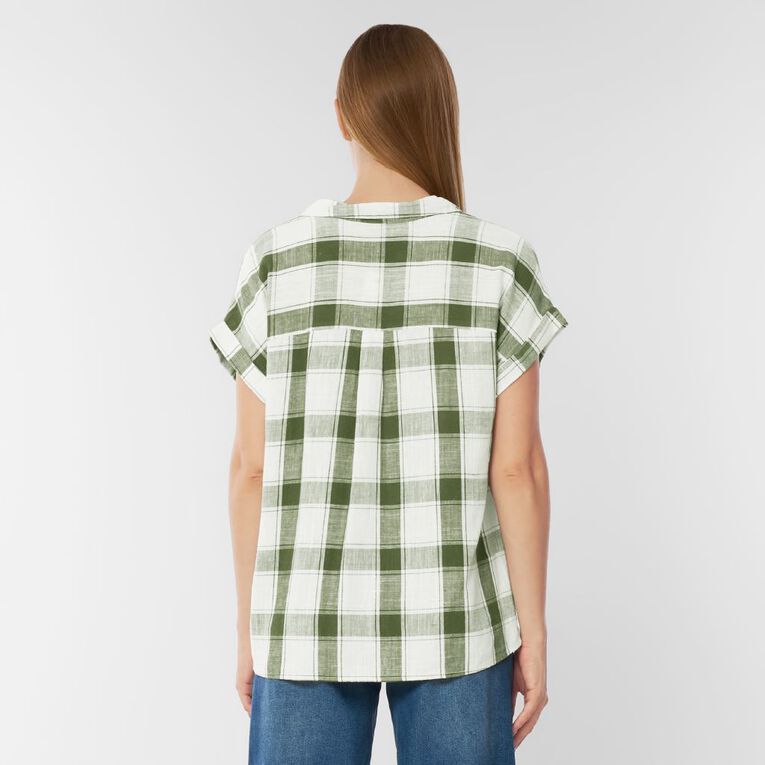 H&H Women's Short Roll Sleeve Linen Blend Blouse, Green, hi-res