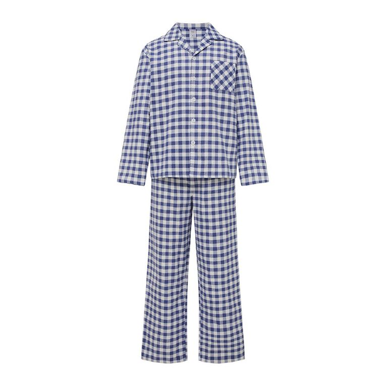 H&H Men's Button Up Flanelette Pyjama Set, Blue Mid, hi-res