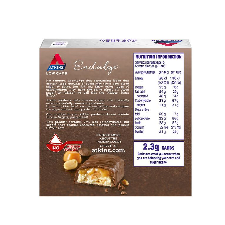 Atkins Endulge Caramel Nut Chew Bar 34g 5 Pack, , hi-res