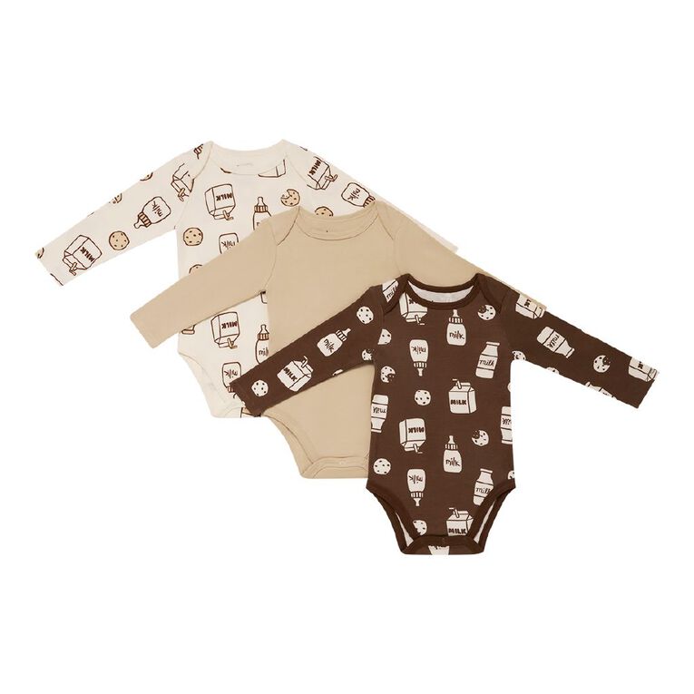 Young Original Babys' Long Sleeve Printed Bodysuit 3 Pack, Brown Dark, hi-res