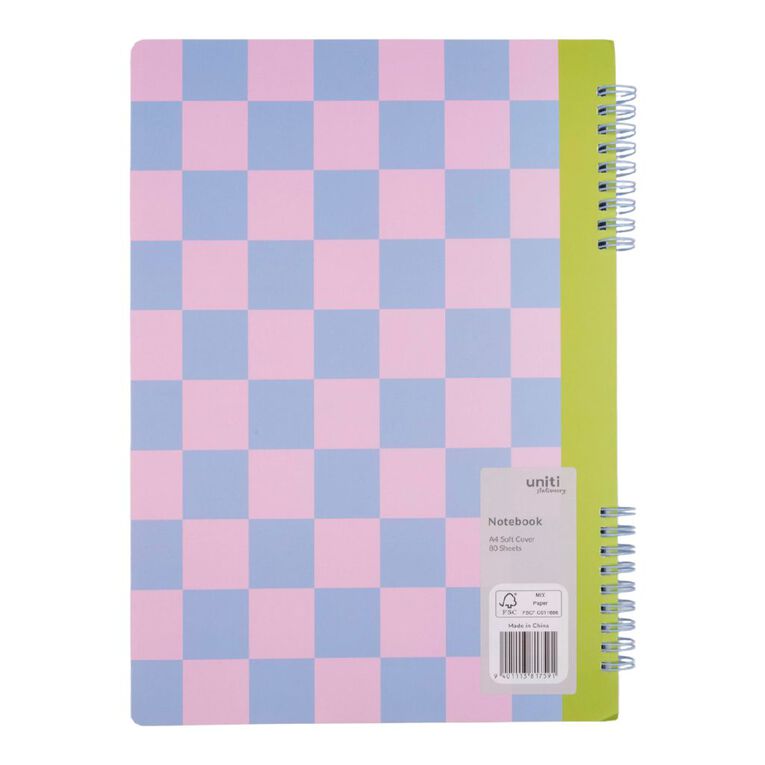Uniti Stationery Pink Blue Checks A4 Notebook, , hi-res