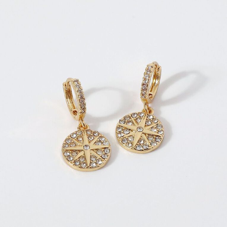 Diamante Disc Star Earrings Gold Plated, , hi-res