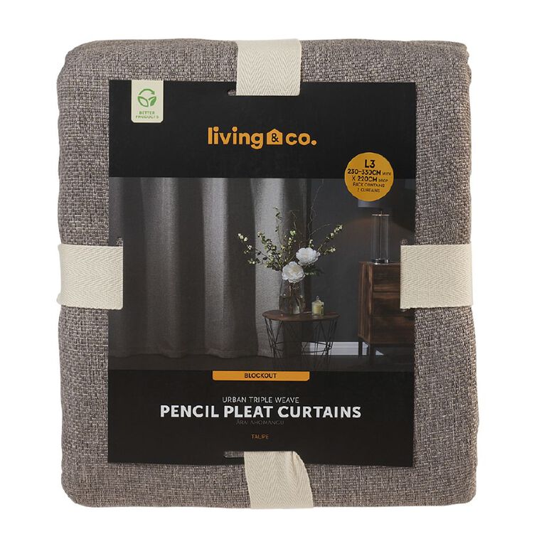 Living & Co Urban Curtains Taupe 230-330cm Wide/220cm Drop, Taupe, hi-res