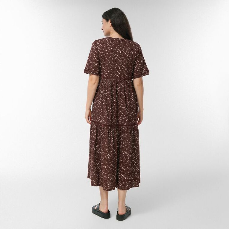 H&H Women's Crew Neck Slub Tiered Midi Dress with Lace Trim, Brown Dark, hi-res